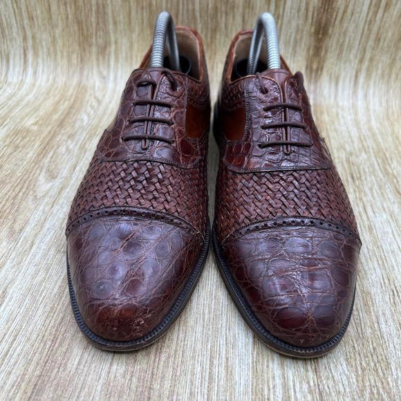 Mezlan Acapulco Men\'s 8.5‎ Brown Woven Leather Genuine Crocodile Cap Toe Oxfords